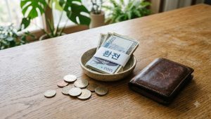동전과 지폐가 담긴 접시와 지갑