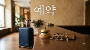 호텔 프런트 데스크의 객실 열쇠와 작은 종