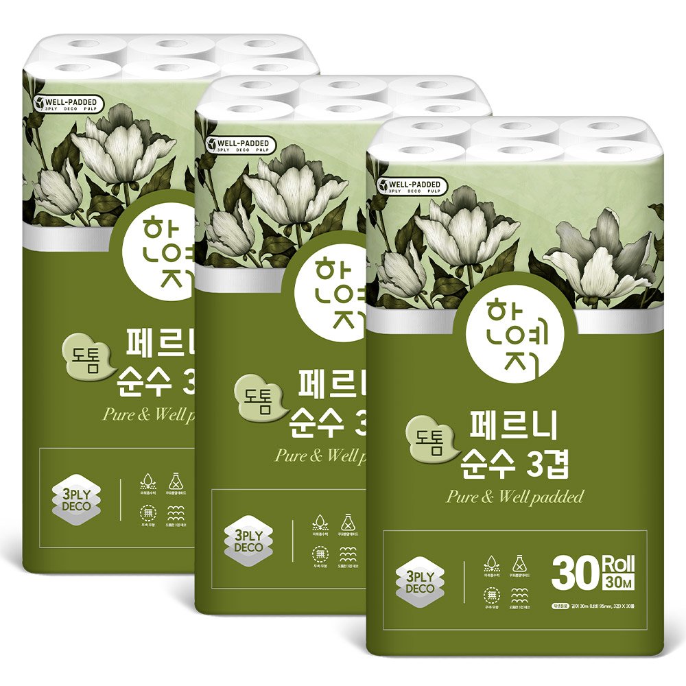 한예지 페르니 도톰 순수 3겹데코 화장지 30m, 30롤, 3팩 상세 이미지 2